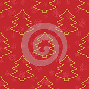 Vector seamless winter pattern with golden christmas trees on red background.